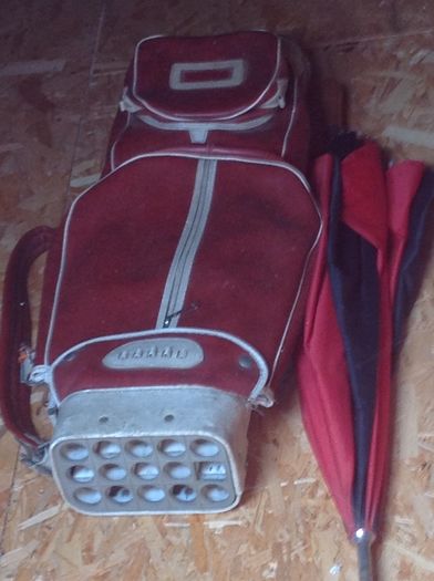 Golf bags and some golf clubs