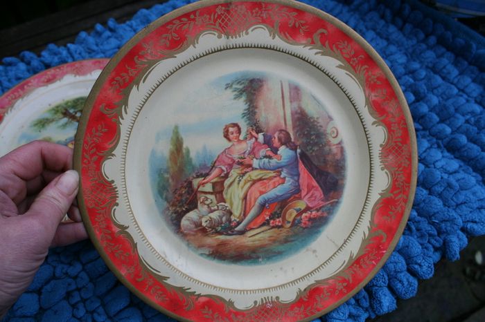 2 Antique Tin Plate Metal Box Co Portland Ware MELODY Shepherds Romantic 10" Wear