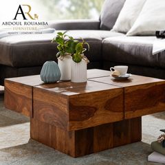 Handcrafted Solid Sheesham Wood Coffee Table with Storage Shelf.