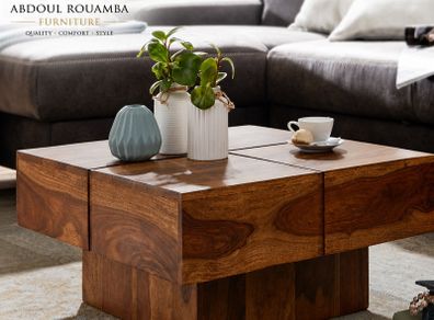 Handcrafted Solid Sheesham Wood Coffee Table with Storage Shelf.