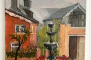Original Oil Painting Courtyard Garden Scene Signed by Artist Pobreartuin Colorful Landscape Wall Art