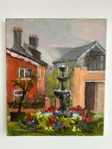 Original Oil Painting Courtyard Garden Scene Signed by Artist Pobreartuin Colorful Landscape Wall Art