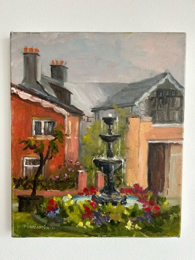 Original Oil Painting Courtyard Garden Scene Signed by Artist Pobreartuin Colorful Landscape Wall Art