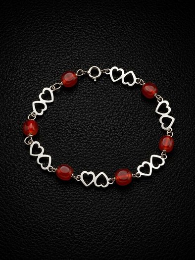 Vintage 925 Sterling Silver & Carnelian Love Hearts Bracelet