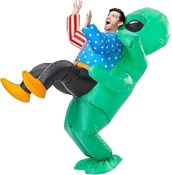SEASONAL SALE Inflatable Alien Costume for Adult Green Alien Holding Human Costume Funny Halloween Blow up Costume Space Fancy Dress(Adult)