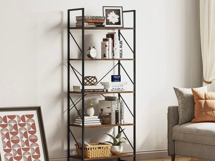 Bookcase 5 Tiers, Floor Standing Book Shelf, Wooden Shelf and Metal Frame Book Rack, Display Storage Rack Shelving Units for Living Room, Home Office - Rustic Brown Bookshelf MULTIPLE COLOURS AVAILABLE (FREE POSTAGE)