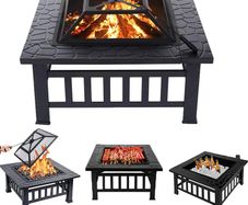 Outdoor Fire Pits BBQ Square Metal Firepit Table Backyard Patio Bonfire Garden, 81x81x36.5cm