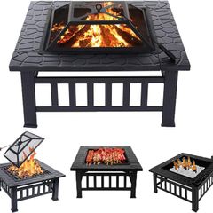 Outdoor Fire Pits BBQ Square Metal Firepit Table Backyard Patio Bonfire Garden, 81x81x36.5cm