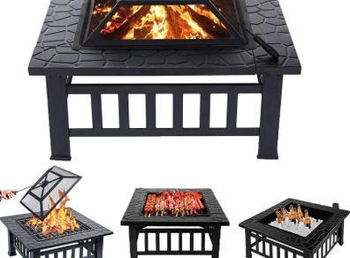 Outdoor Fire Pits BBQ Square Metal Firepit Table Backyard Patio Bonfire Garden, 81x81x36.5cm