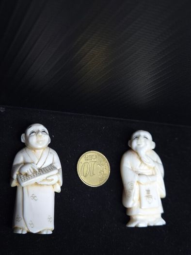 Antique Chinese Hand Carved Scholar Figures Signed Pair
