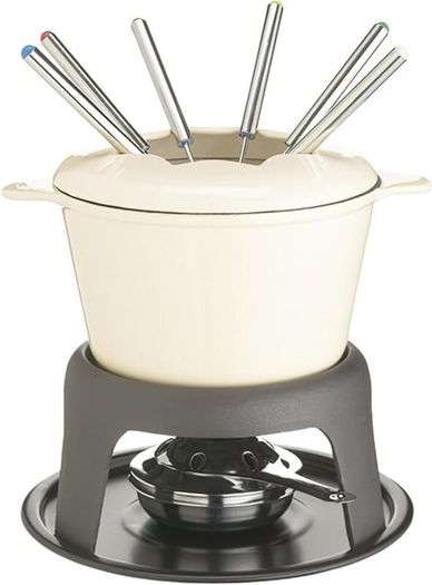 MasterClass Cast Iron Fondue Set, Fondue Pot with 6 Forks and Cast Iron Enamelled Bowl, Superior Heat Retention & Adjustable Burner, Gift Boxed, Cream, 21x18cm