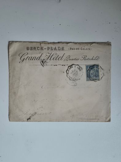 Stamp envelope. France 1889 Postal History Cover Berck-Plage Grand Hotel Lionroger Wax Seal Amiens. antique, 19th-century, mail, envelope, commerce, tourism, maritime, railway, train, transit, postmark, cancellation.