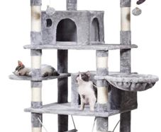 Cat Tree Tower 170cm Cat Scratching Post with Condos, Basket, Hammock & Plush Perches for Kittens, Large Cats, Light Grey (FREE POSTAGE)