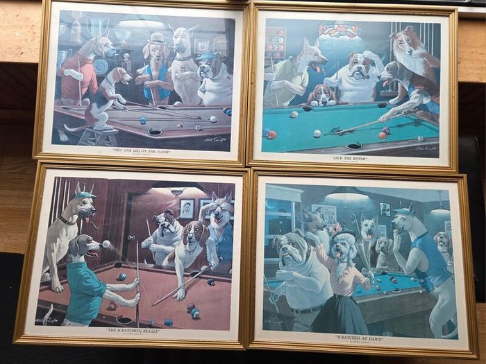 3 x Vintage prints Dogs playing snooker Arthus Sarnoff Pool set of 3