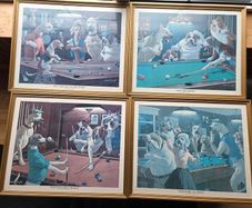 3 x Vintage prints Dogs playing snooker Arthus Sarnoff Pool set of 3