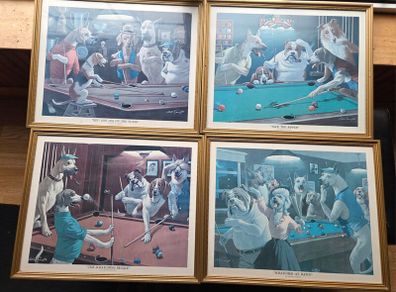 3 x Vintage prints Dogs playing snooker Arthus Sarnoff Pool set of 3