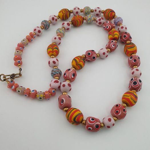 Antique Venetian Style Mix Eyes & Feather Desgin Glass Beads Necklace