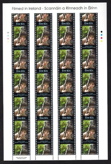 2008 Ireland Filmed in Ireland Commemorative Stamp Sheetlet Plate 1B1B1B1B Mint Never Hinged (MNH). Stamps depict 55c Brid Ni Neachtain, Colm Meaney, 82c Pat Shortt & Cilian Murphy.