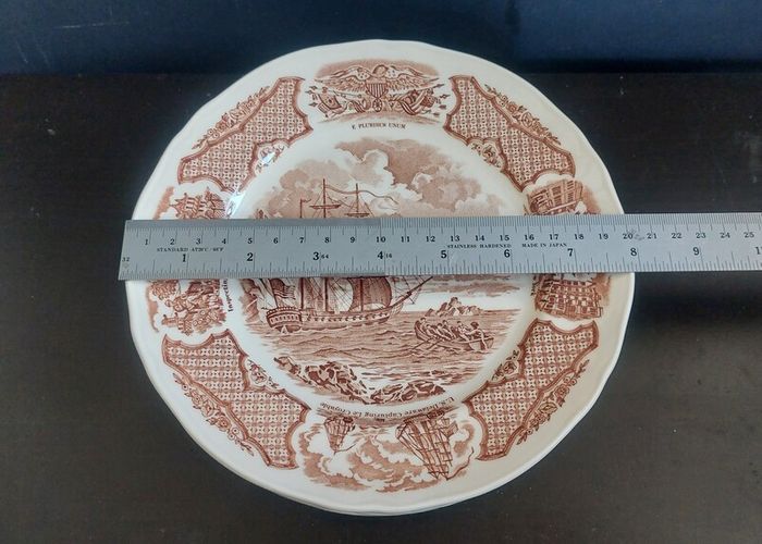 Vintage Set of Six Brown and White Fair Winds, Historical Scenes of Chinese Export to America - "The George Washington at Anchor" Salad Plates by Alfred Meakin