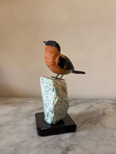 Hand-Carved Gemstone Bullfinch on Raw Amazonite Base