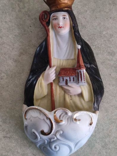 Vintage Antique Religious Mary Our Lady Of Grace Porcelain Holy Water Font Made in  Germany.