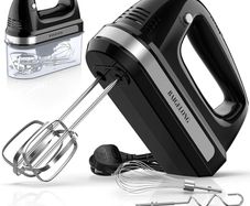 Hand Electric Mixer, 300W Ultra Power Food Kitchen Mixer with 5 Self-Control Speeds + Turbo Boost, 5 Stainless Steel Attachments Handheld Blender for Baking, BLACK