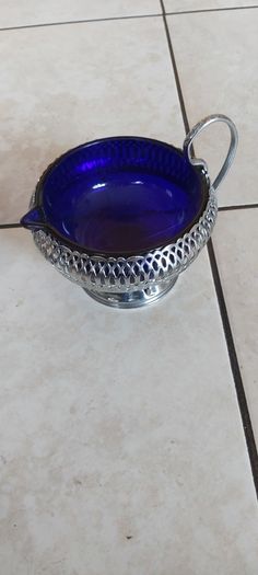 Vintage Queen Anne Cobalt Blue Glass & Chrome Plated Cream & Sugar Bowls Set of 2