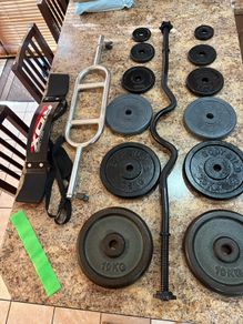Metal Gym Weights + Bars, Bicep, Triceps + Belt!