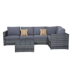 4 Pieces Rattan Garden Furniture Set, Wicker Outdoor Furniture Set with Corner Sofa Loveseat Coffee Table Cushions, Conservatory Furniture Set for Patio Balcony Poolside, Grey