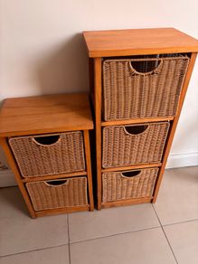 Pair of oak style storage units with 5 wicker drawers