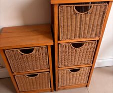 Pair of oak style storage units with 5 wicker drawers