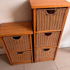 Pair of oak style storage units with 5 wicker drawers