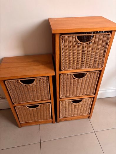 Pair of oak style storage units with 5 wicker drawers