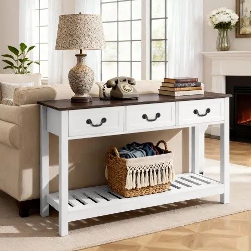120 cm Console Table, Farmhouse Desk Behind the Couch with Drawers and Bottom Storage Shelf, Wooden Rectangle Entrance Narrow Sofa Table for Hallway, Bedroom, Living Room, Foyer, Brown + White