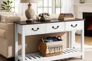 120 cm Console Table, Farmhouse Desk Behind the Couch with Drawers and Bottom Storage Shelf, Wooden Rectangle Entrance Narrow Sofa Table for Hallway, Bedroom, Living Room, Foyer, Brown + White