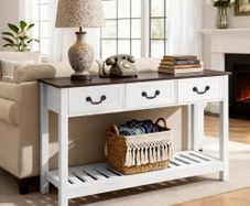 120 cm Console Table, Farmhouse Desk Behind the Couch with Drawers and Bottom Storage Shelf, Wooden Rectangle Entrance Narrow Sofa Table for Hallway, Bedroom, Living Room, Foyer, Brown + White