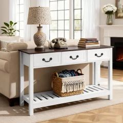 120 cm Console Table, Farmhouse Desk Behind the Couch with Drawers and Bottom Storage Shelf, Wooden Rectangle Entrance Narrow Sofa Table for Hallway, Bedroom, Living Room, Foyer, Brown + White