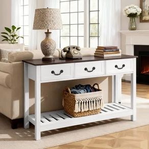 120 cm Console Table, Farmhouse Desk Behind the Couch with Drawers and Bottom Storage Shelf, Wooden Rectangle Entrance Narrow Sofa Table for Hallway, Bedroom, Living Room, Foyer, Brown + White