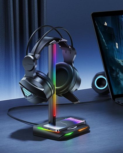Headphone Stand RGB Headset Holder with Wireless Charger, Headset Stand Gaming Headphone Holder with 2 USB-C and 1 USB Charging Ports, 7 Light Modes and Non-Slip Rubber Base (Black)