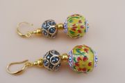Afghani Handcrafted Yellow Colorful Enamel &amp; Sparkling Brass Beaded Drop Earrings Vintage Ethnic
