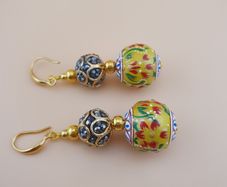 Afghani Handcrafted Yellow Colorful Enamel & Sparkling Brass Beaded Drop Earrings Vintage Ethnic