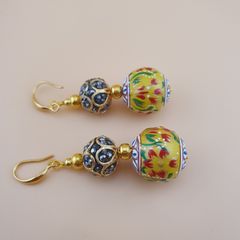 Afghani Handcrafted Yellow Colorful Enamel & Sparkling Brass Beaded Drop Earrings Vintage Ethnic