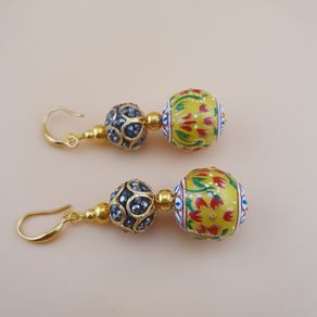 Afghani Handcrafted Yellow Colorful Enamel & Sparkling Brass Beaded Drop Earrings Vintage Ethnic