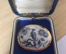Vintage Aynsley Peacock Porcelain Brooch, 1960s Hand-Painted Blue & White Fine Bone China Pin