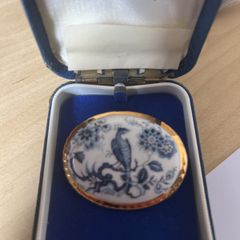 Vintage Aynsley Peacock Porcelain Brooch, 1960s Hand-Painted Blue & White Fine Bone China Pin