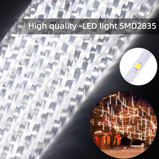 Shower Rain Lights 30CM, 8 Waterproof Spiral Tubes Meteor Lights, 288 LEDs Falling Rain Lights for Christmas Outdoor Garden House Window Xmas Tree Decoration(White)