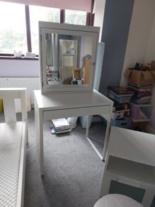White single bedroom set. Desk / dressing table with chair,  bedside locker / mirrored cabinet.