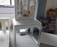 White single bedroom set. Desk / dressing table with chair,  bedside locker / mirrored cabinet.