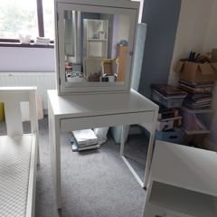 White single bedroom set. Desk / dressing table with chair,  bedside locker / mirrored cabinet.