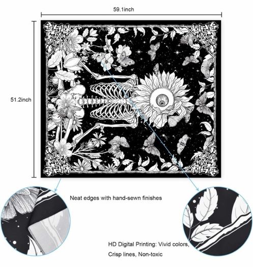 Skull Flower Tapestry Meditation Skeleton Tapestries Floral Vine Starry Night Sky Butterflies Tarot Wall Hanging for Room Decor (MULTIPLE SIZES)
